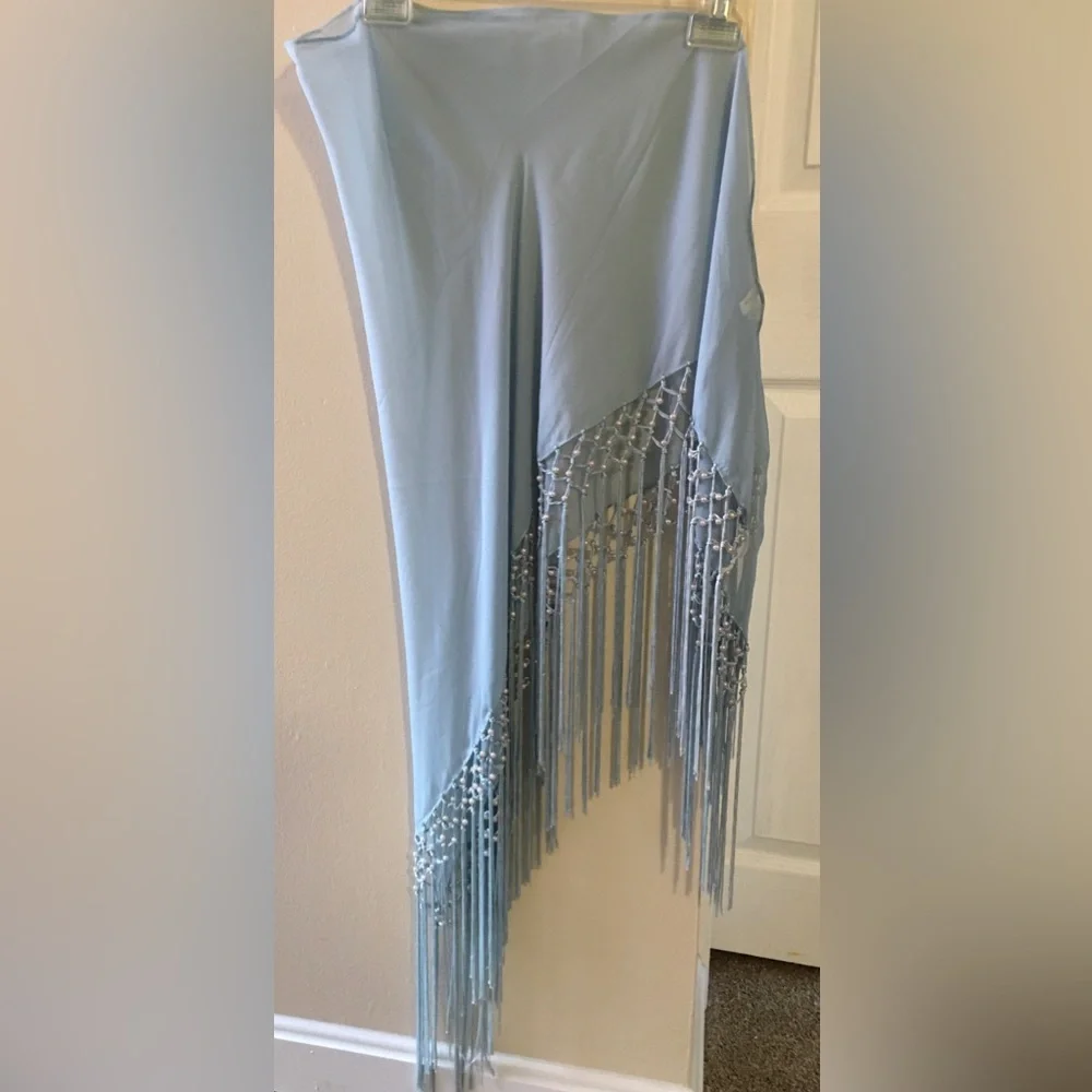 Light Blue Fringe Hip Scarf /Sarong With white pearls - Picture 7 of 10